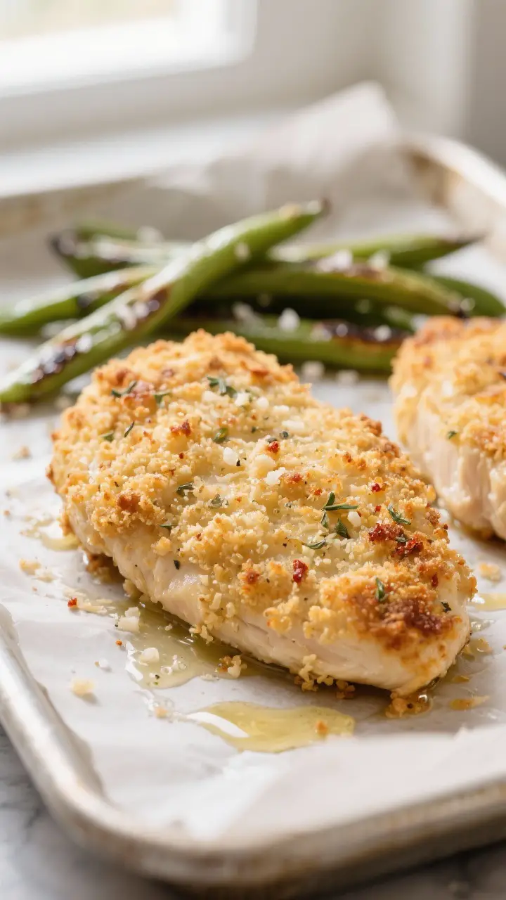 Close-up detail shot: Golden, Parmesan-panko crusted chicken breast fresh from the oven, showing cri