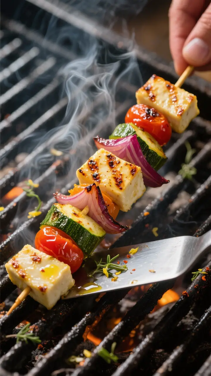 Close-up detail shot: Grilled halloumi and vegetable skewers sizzling on a medium-high grill, tight 