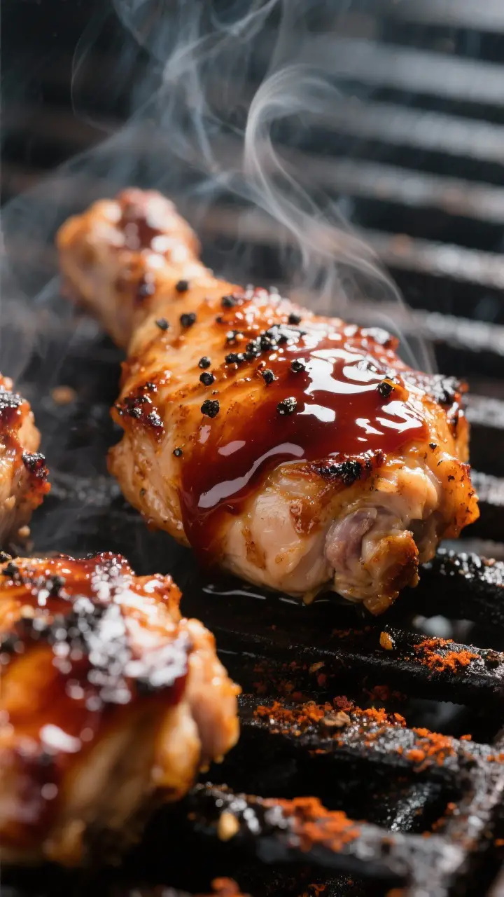 Close-up detail shot: Juicy BBQ chicken thighs on a hot grill, sauce just caramelizing with glossy, 