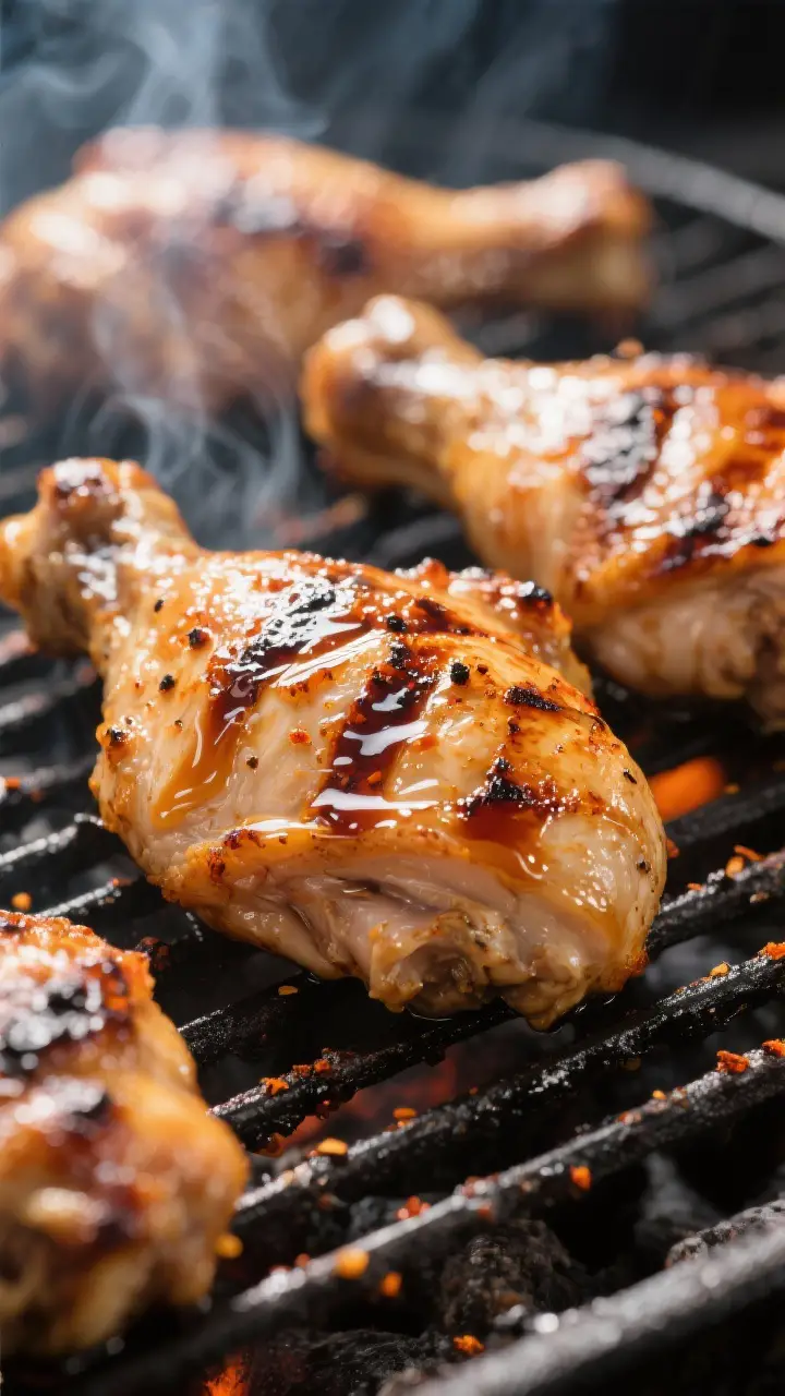 Close-up detail shot: Juicy grilled chicken thighs on the grates at medium-high heat, skin-side down
