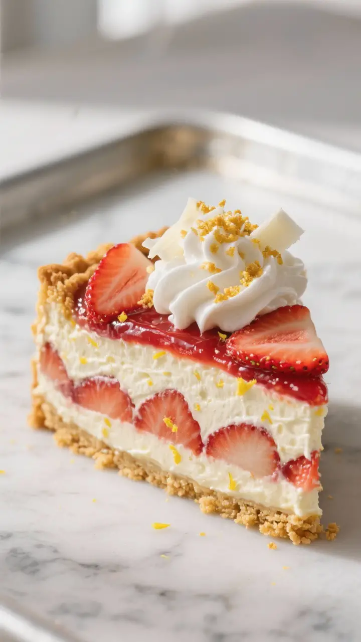 Close-up detail shot of a clean slice of Strawberry Lasagna just lifted from a 9x13 pan, showing sha