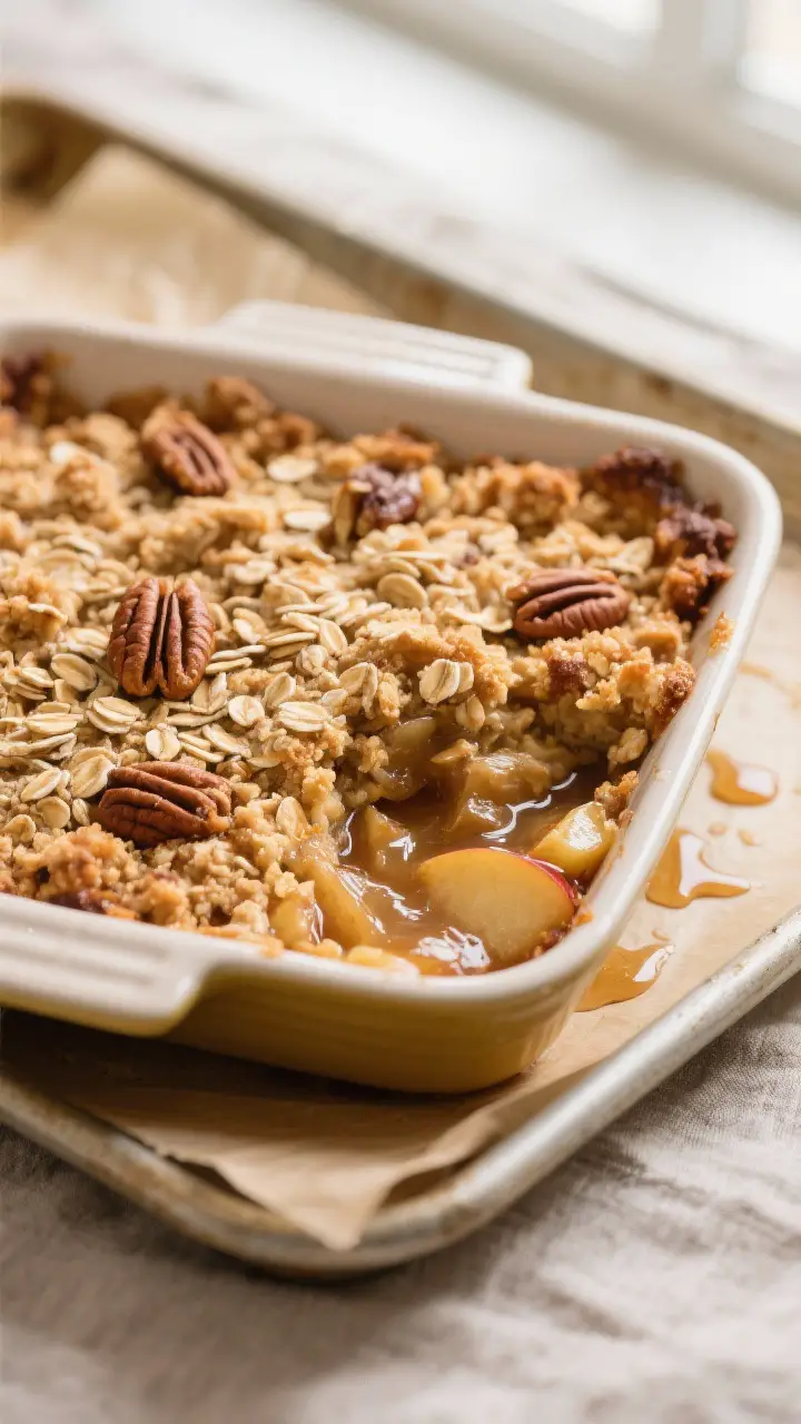 Close-up detail shot of a freshly baked apple crisp just out of the oven, showing deeply golden, cru