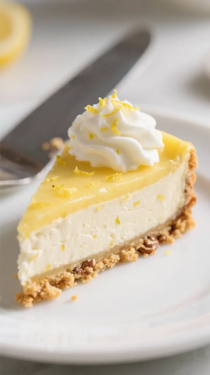 Close-up detail shot of a perfectly set Lemon Lush slice just after chilling: sharp, clean layers vi