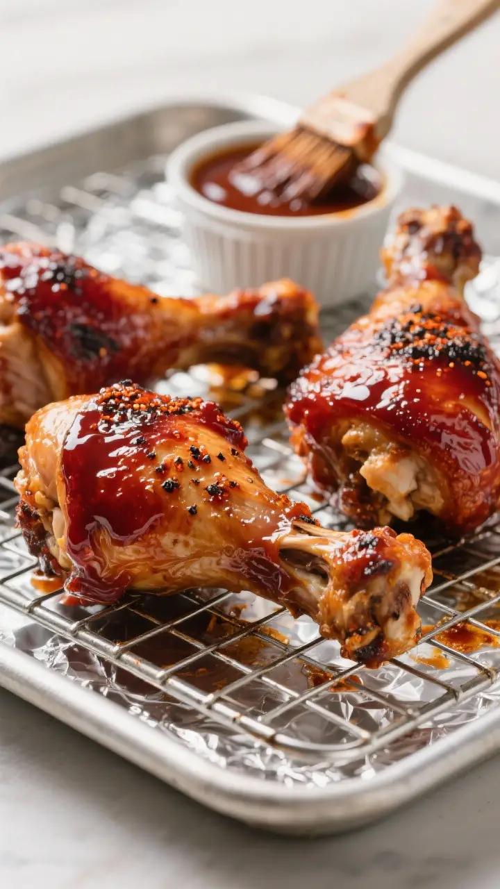 Close-up detail shot of baked BBQ chicken drumsticks just out of the oven after the second sauce coa