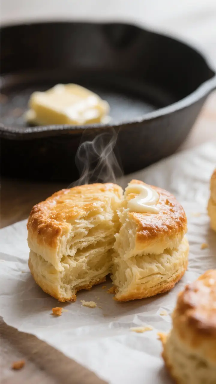 Close-up detail shot of freshly baked buttermilk biscuits just out of the oven, one biscuit split op