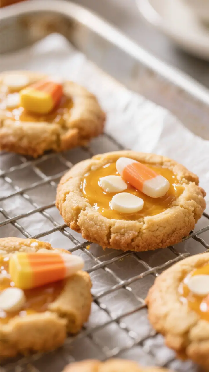Close-up detail shot of freshly baked candy corn cookies cooling on a wire rack, edges set and light