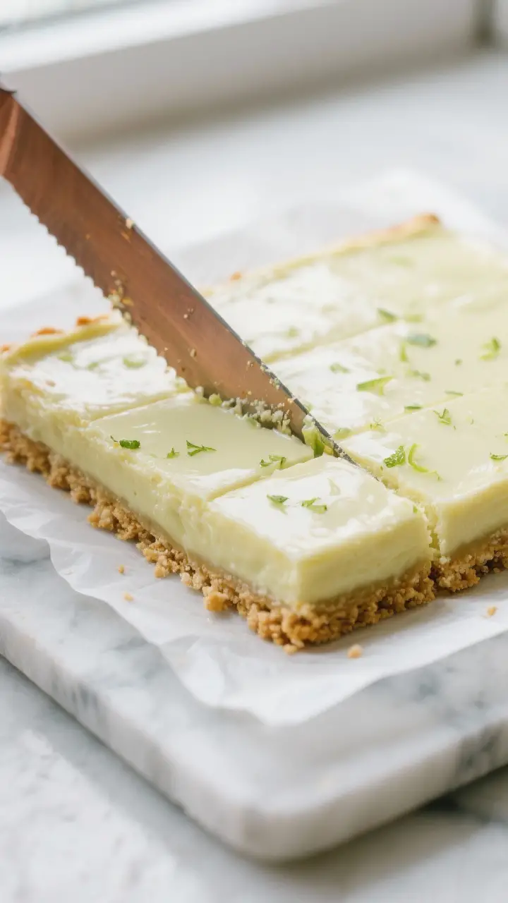 Close-up detail shot of freshly baked key lime bars being sliced: a chilled 9x9 slab lifted out with