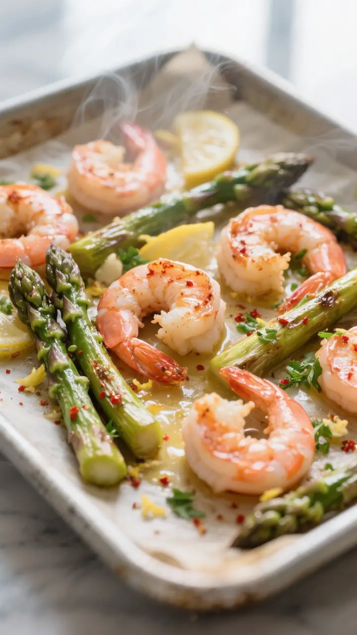 Close-up detail shot of roasted shrimp and asparagus on a hot sheet pan just out of the oven, shrimp
