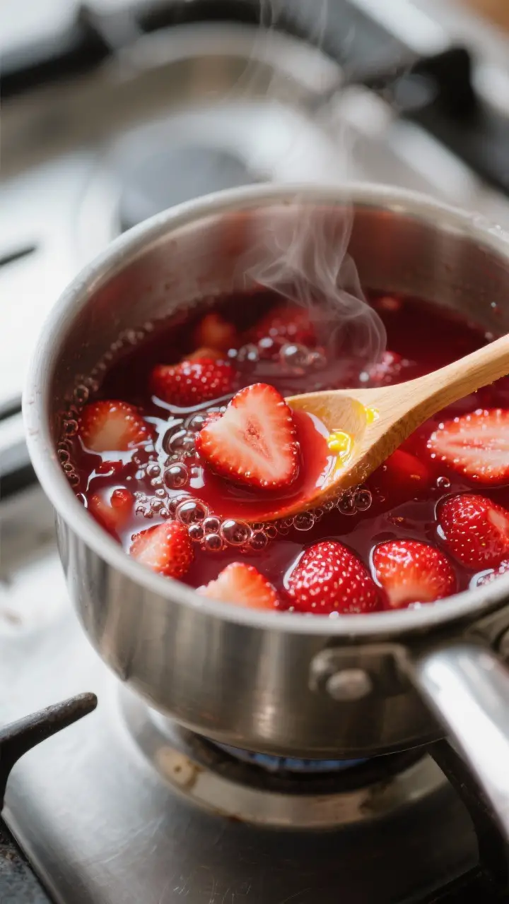 Close-up detail shot of strawberry syrup mid-simmer in a stainless steel saucepan: softened cooked s