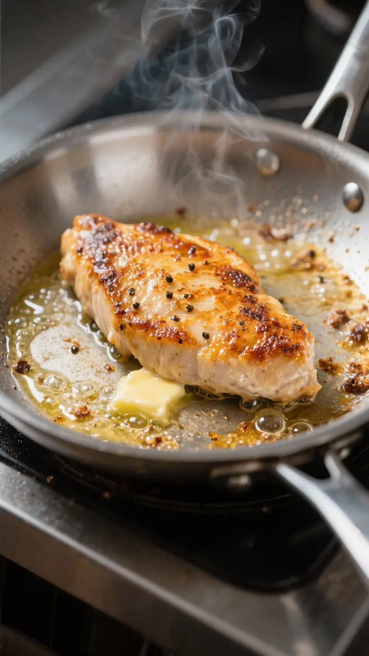 Close-up detail shot: Pan-seared chicken cutlet in a stainless-steel skillet mid-cook, showing a dee
