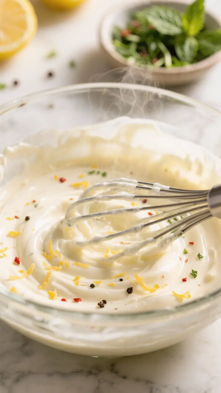Close-up detail shot: Silky lemon-ricotta sauce being loosened with steaming hot pasta water in a wi