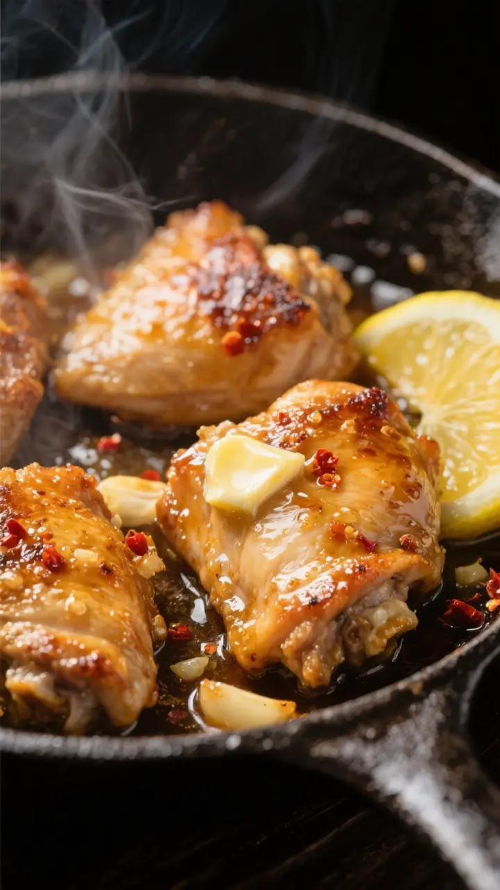 Close-up detail shot: Sizzling honey-lemon glazed chicken thighs in a cast-iron skillet right after 