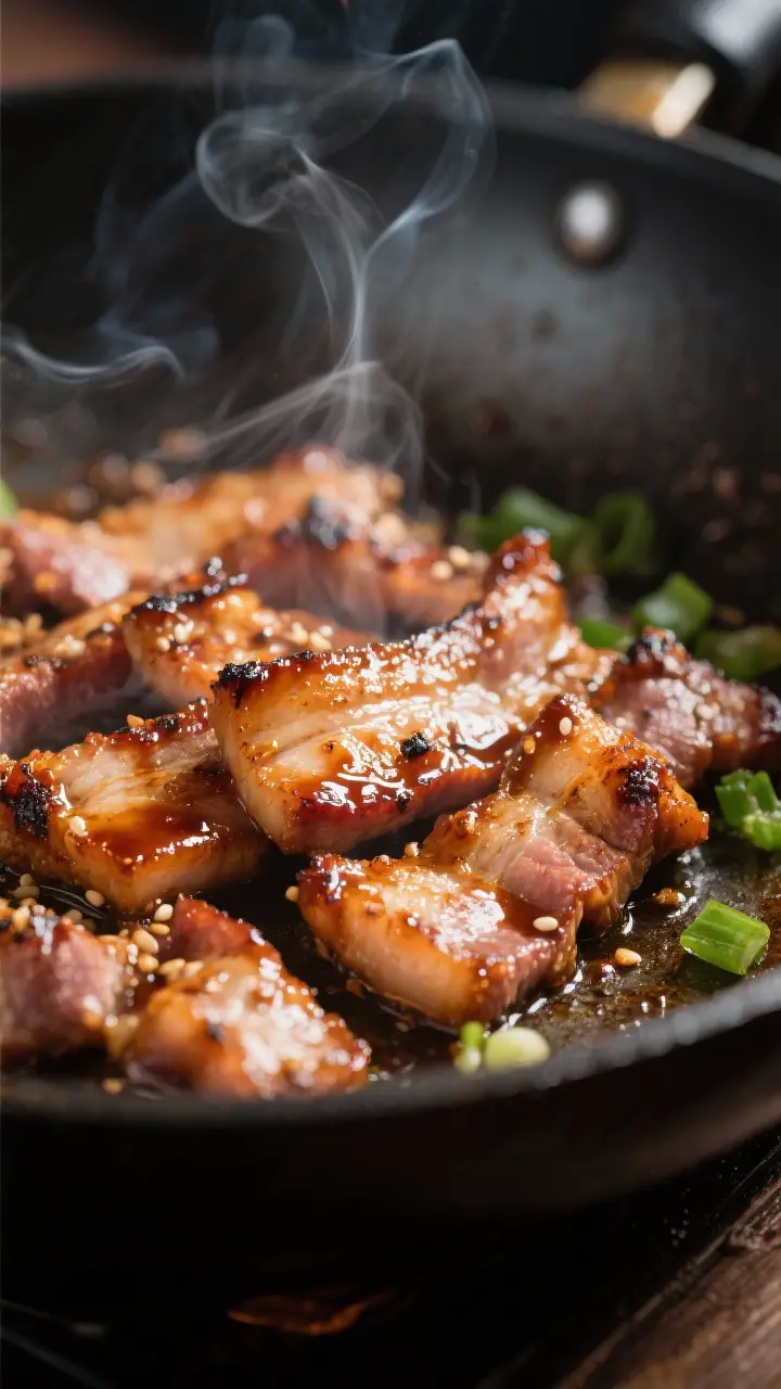 Close-up detail shot: Sizzling Korean BBQ pork strips in a scorching hot wok, caramelized edges with