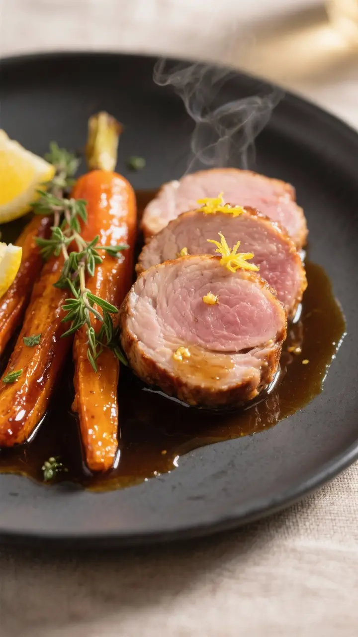 Close-up detail shot: Sliced Dijon-glazed pork tenderloin medallions, perfectly juicy with a blush-p