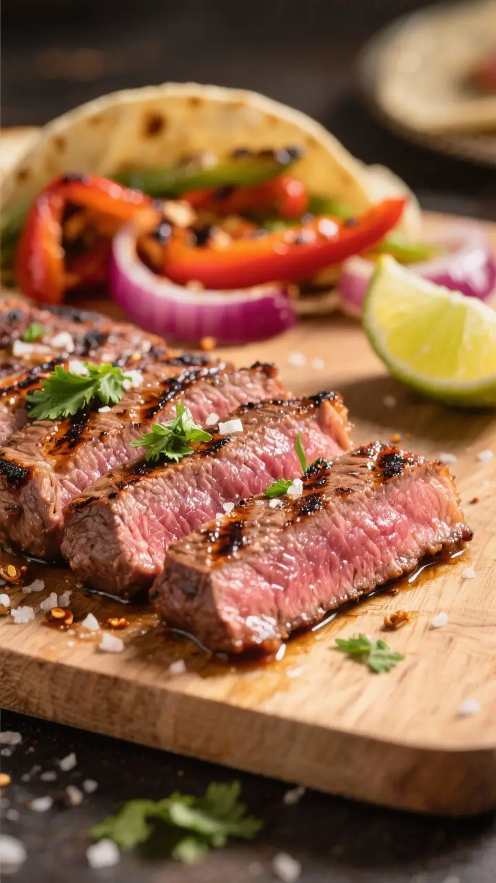 Close-up detail shot: Sliced grilled flank steak for fajitas resting on a cutting board, medium-rare