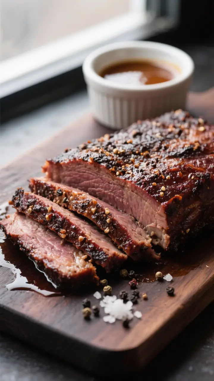 Close-up detail shot: Sliced smoked brisket flat, pencil-thick slices fanned out to reveal a deep ma