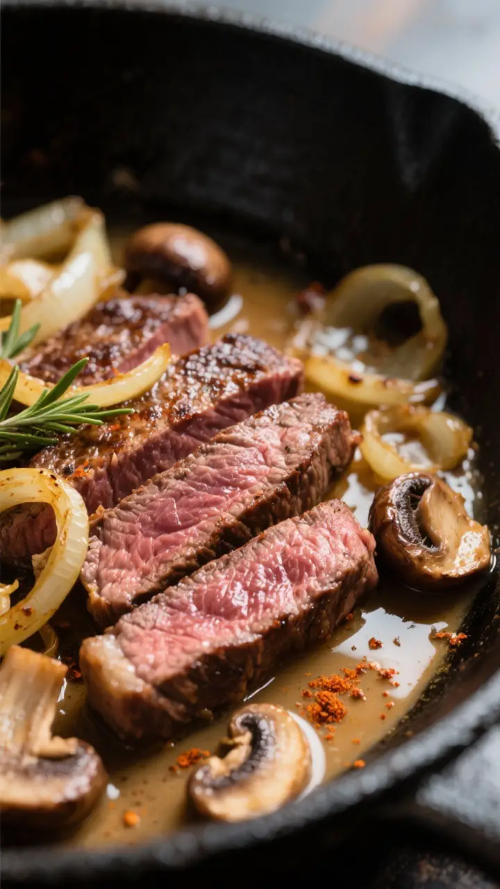 Close-up detail shot: Slices of seared sirloin scattered in a skillet with golden onions and browned
