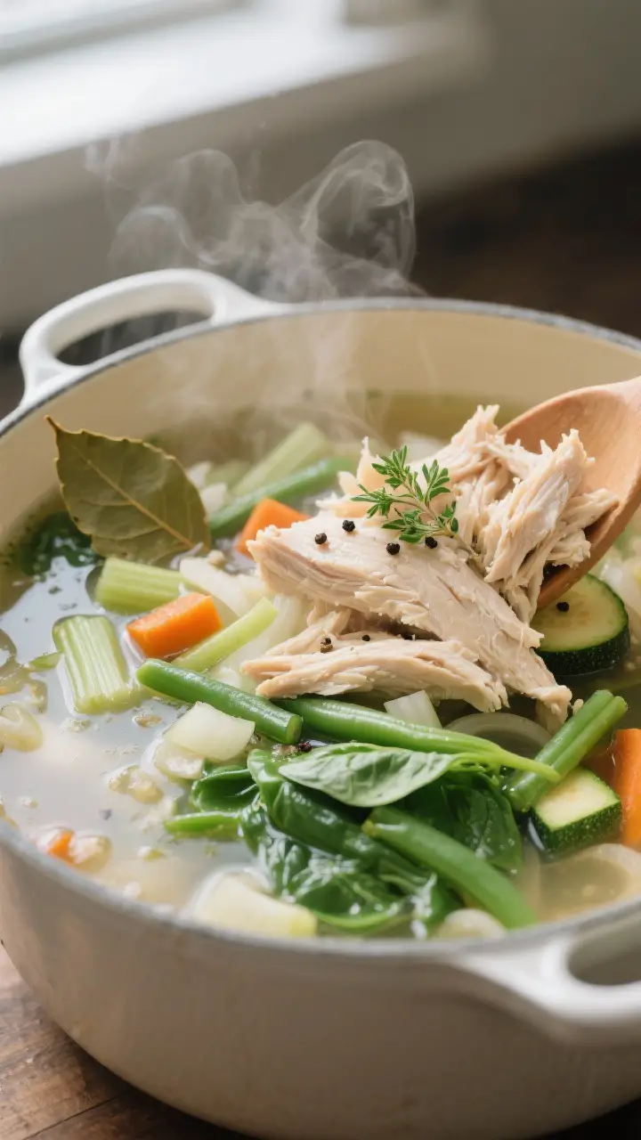 Close-up detail shot: Tender shredded chicken being returned to a simmering pot of clear chicken bro