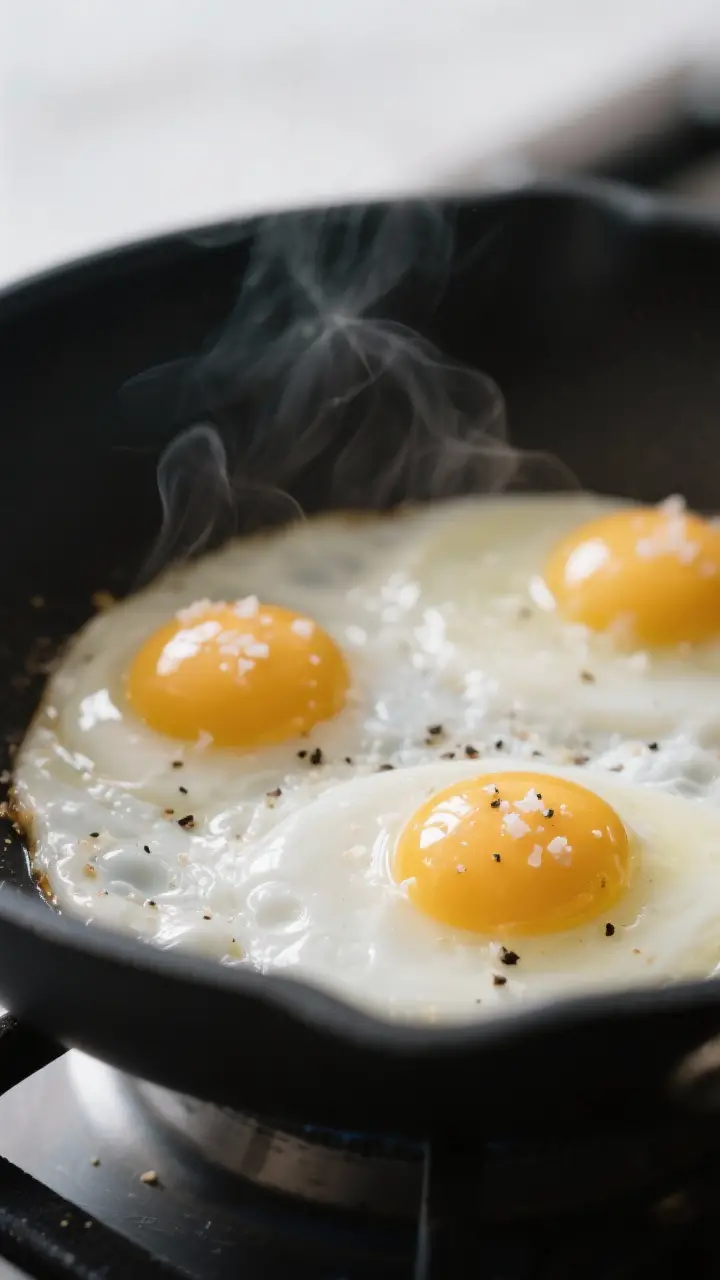 Close-up detail shot: Two over easy eggs just after the flip in a nonstick skillet, whites set and s