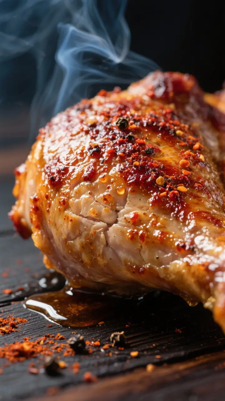 Close-up detail shot: Ultra-juicy smoked chicken thigh fresh off the smoker, skin-side up, showing b
