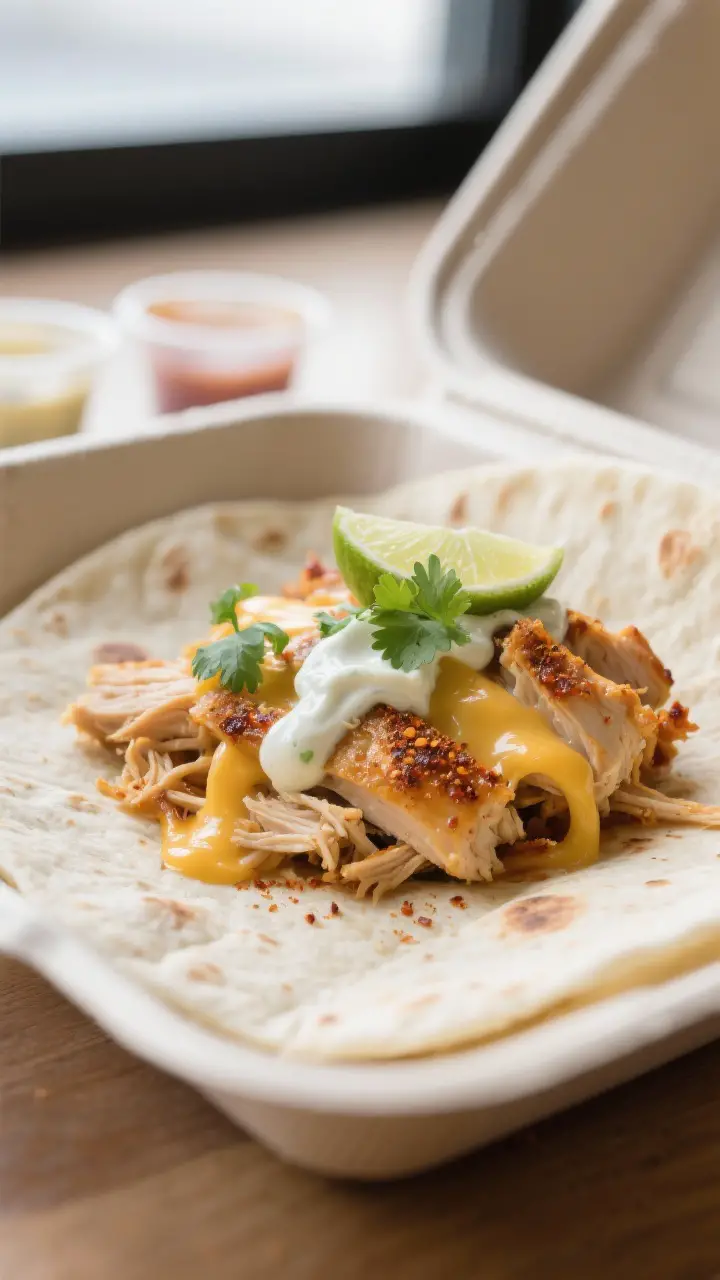 Close-up detail shot: Warm, seasoned shredded rotisserie chicken tucked into a just-steamed street-s