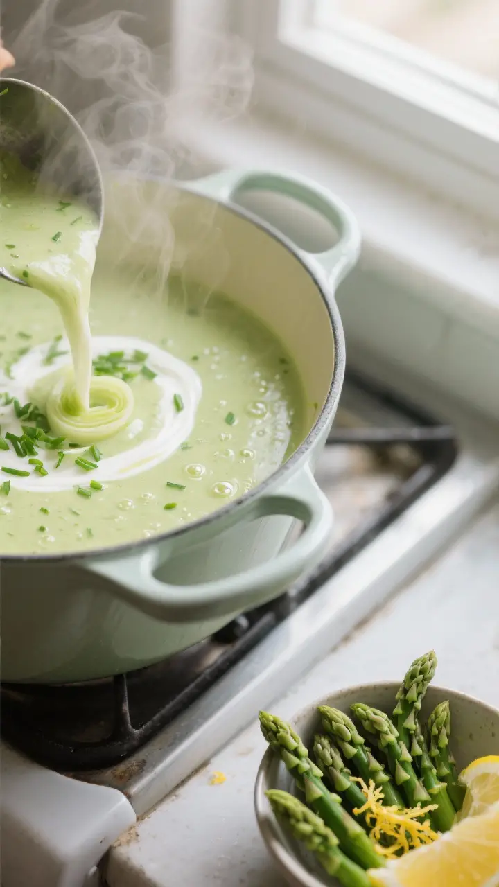 Close-up detail: Silky asparagus and leek soup being poured back into the pot after blending, steam