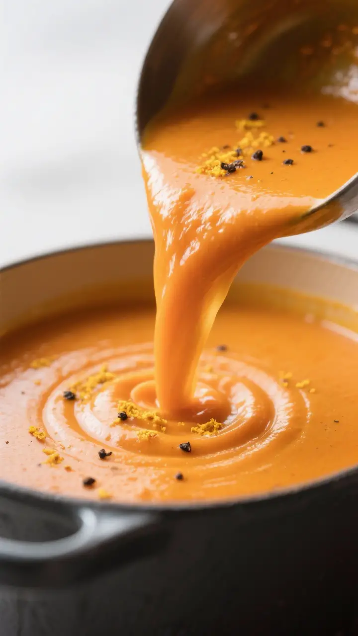 Close-up detail: Silky blended Carrot Ginger Soup being poured back into the pot from a ladle, showc