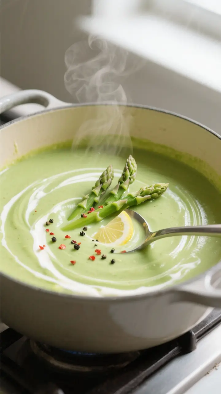 Close-up detail: Silky cream of asparagus soup mid-blend in a pot, captured just after the cream and