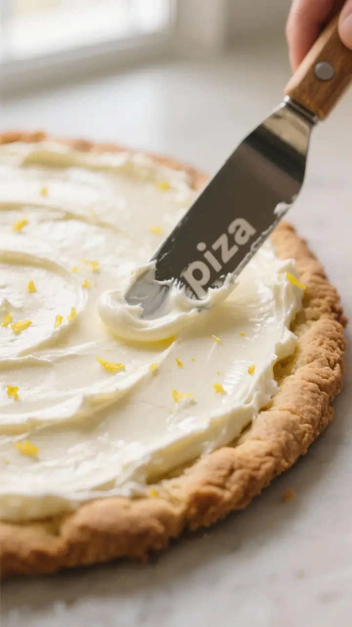 Close-up detail: Silky lemon-kissed cream layer being smoothly spread over a fully cooled cookie bas