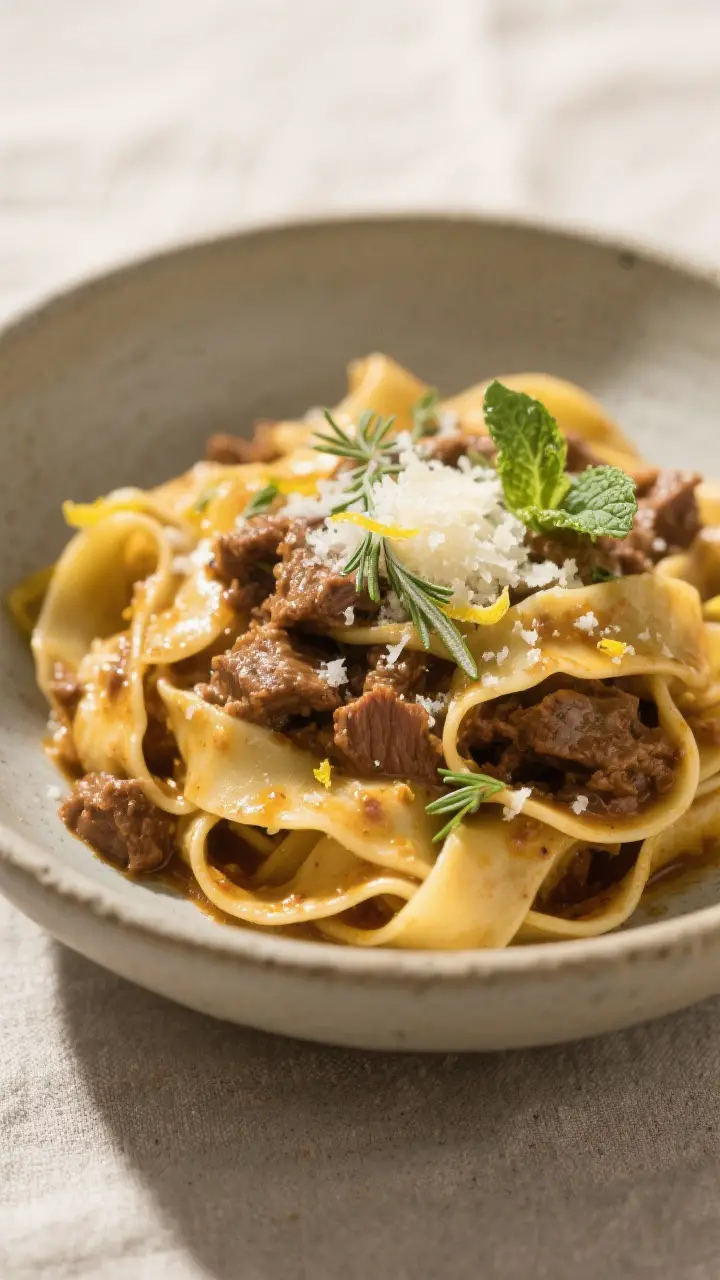 Close-up detail: Silky pappardelle tangled with tender, browned lamb ragu, glossy from butter and st