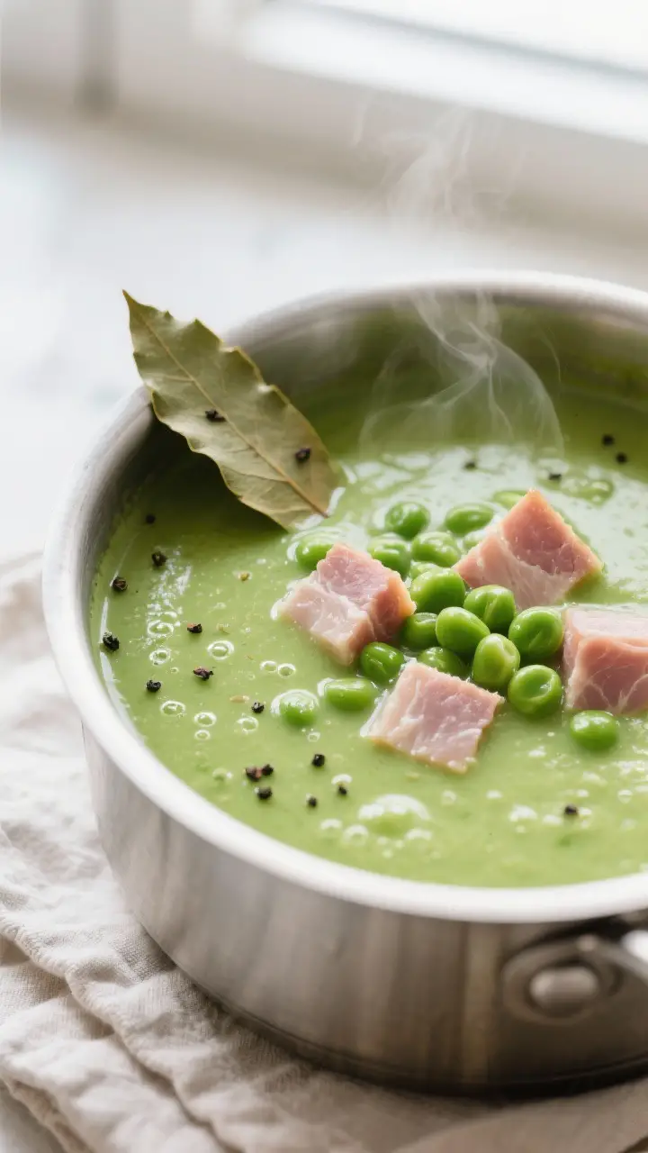 Close-up detail: Silky spring pea and ham soup just after partial blending in the pot, showing a vel