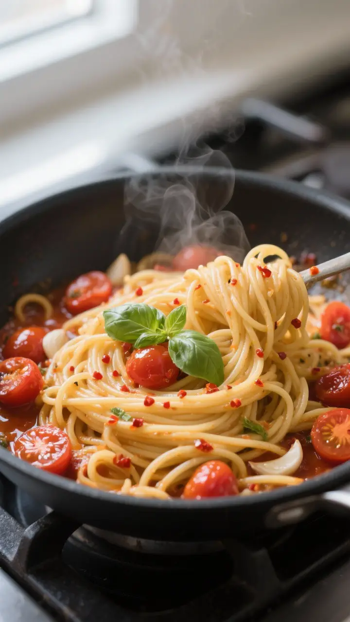 Close-up detail: Silky strands of al dente linguine being tossed in a skillet with burst cherry toma