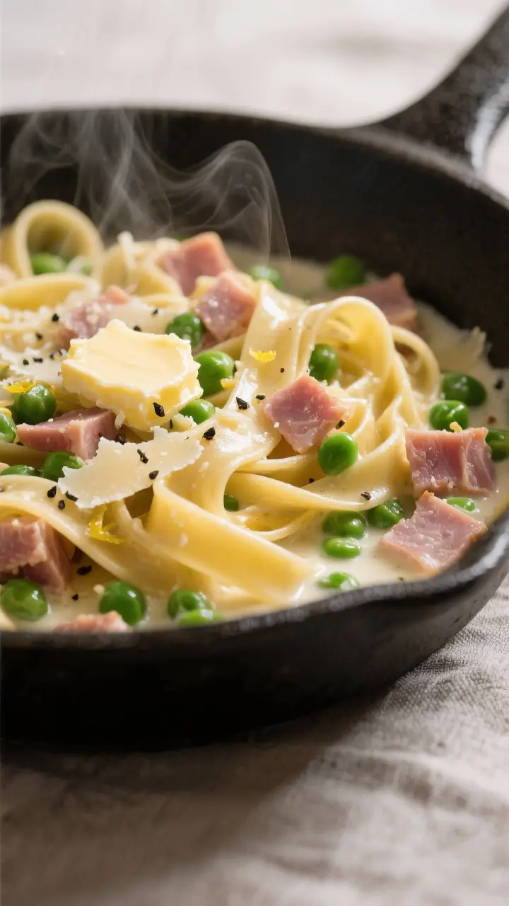 Close-up detail: Silky tagliatelle being tossed in a skillet with diced ham and bright green peas, s