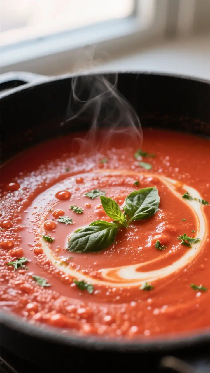 Close-up detail: Silky tomato basil soup just after blending, showing a glossy, velvety texture with