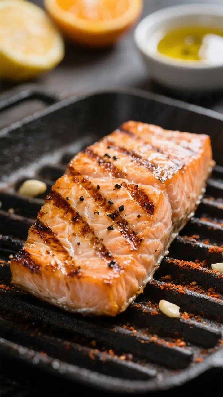 Close-up detail: Skin-on grilled salmon fillet just off the grill, showing crisp, well-defined grill