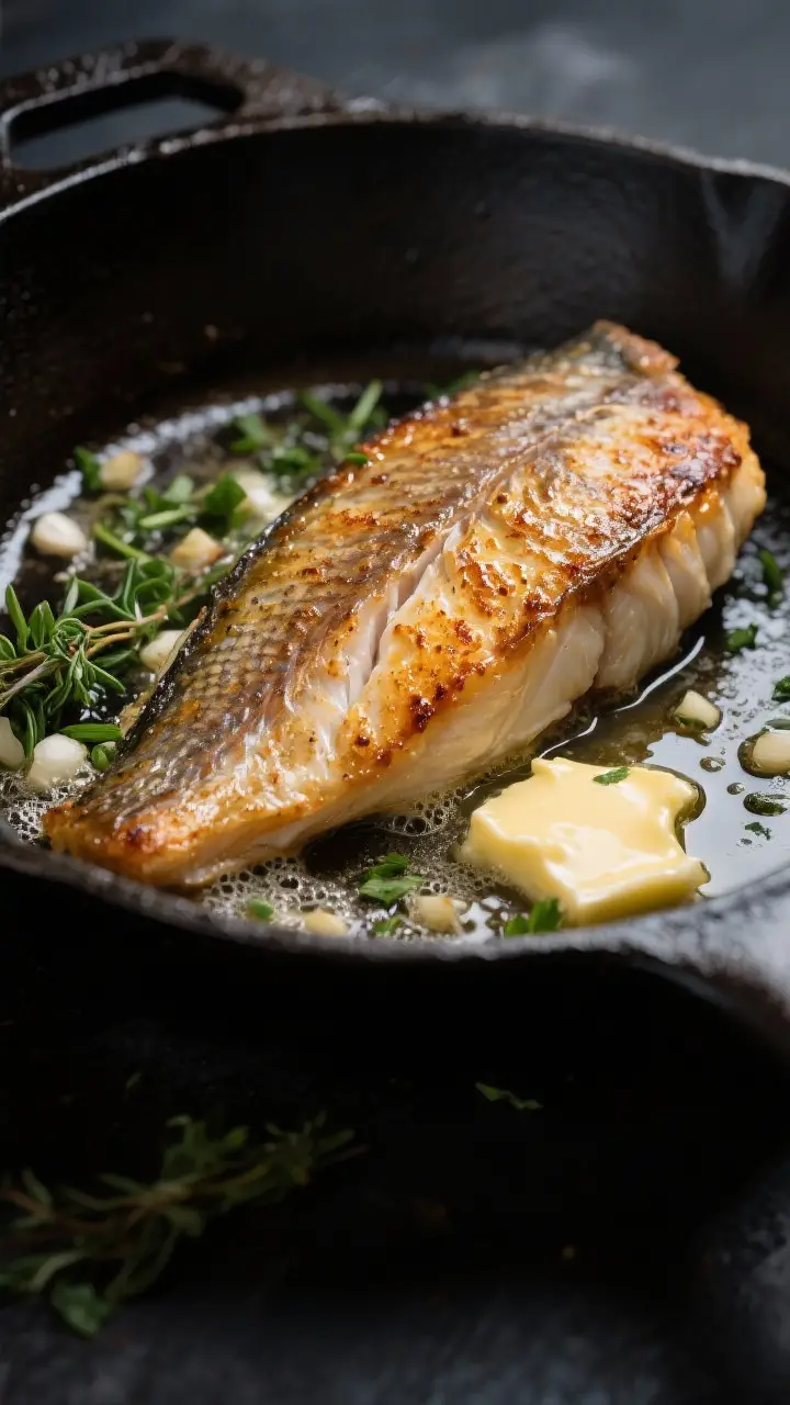 Close-up detail: Skin-on sea bass fillet in a hot cast-iron skillet, skin-side down, mid-sear with d