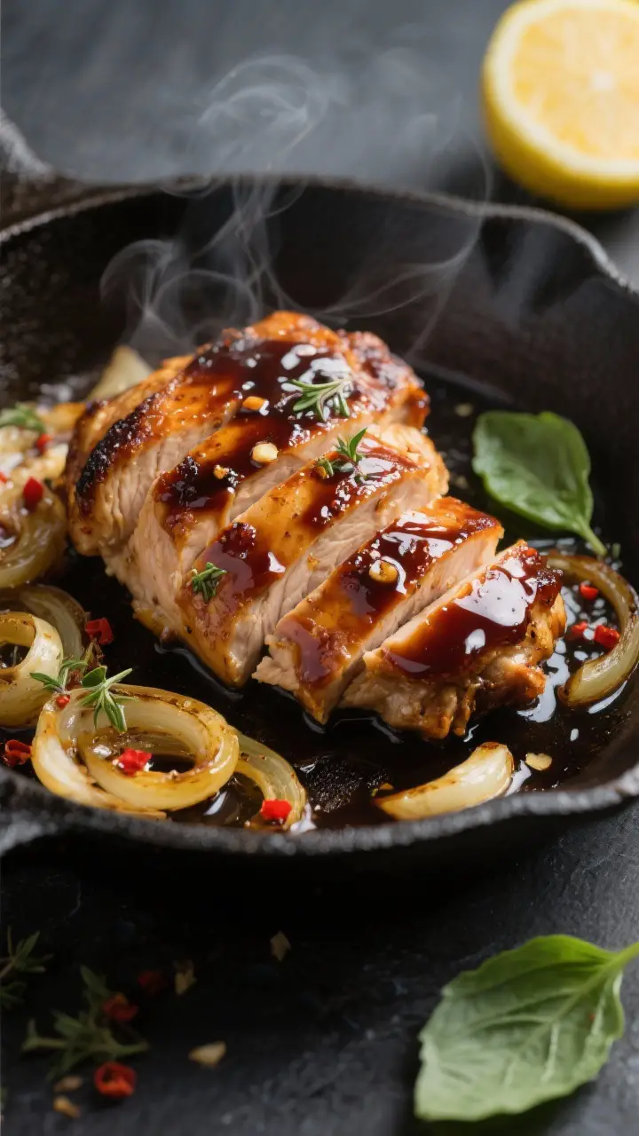 Close-up detail: Sliced balsamic-glazed chicken thigh in a skillet, glossy sauce clinging to the car