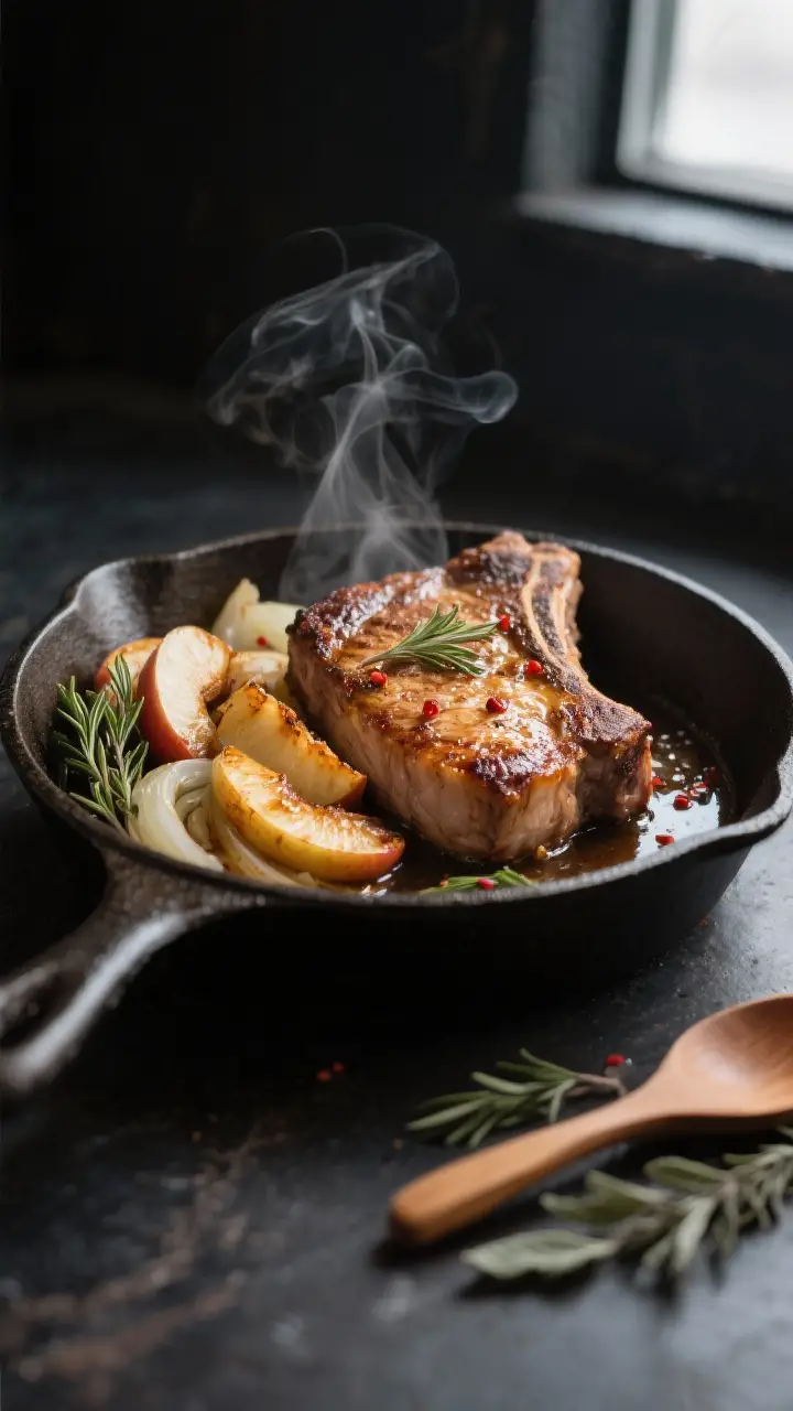 Close-up detail: Sliced, caramelized apples and tender onions nestled beside a seared pork chop in a