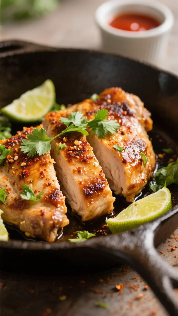 Close-up detail: Sliced cilantro-lime chicken thighs just off the skillet, showing a deep golden-bro