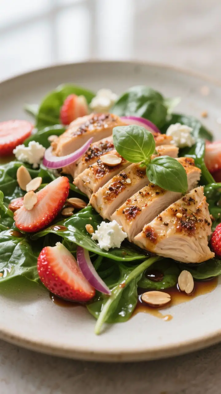 Close-up detail — Sliced grilled chicken fanned over glossy baby spinach lightly dressed, with jui
