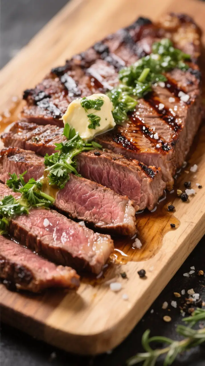 Close-up detail: Sliced grilled flank steak resting on a wooden board, thin slices cut firmly agains