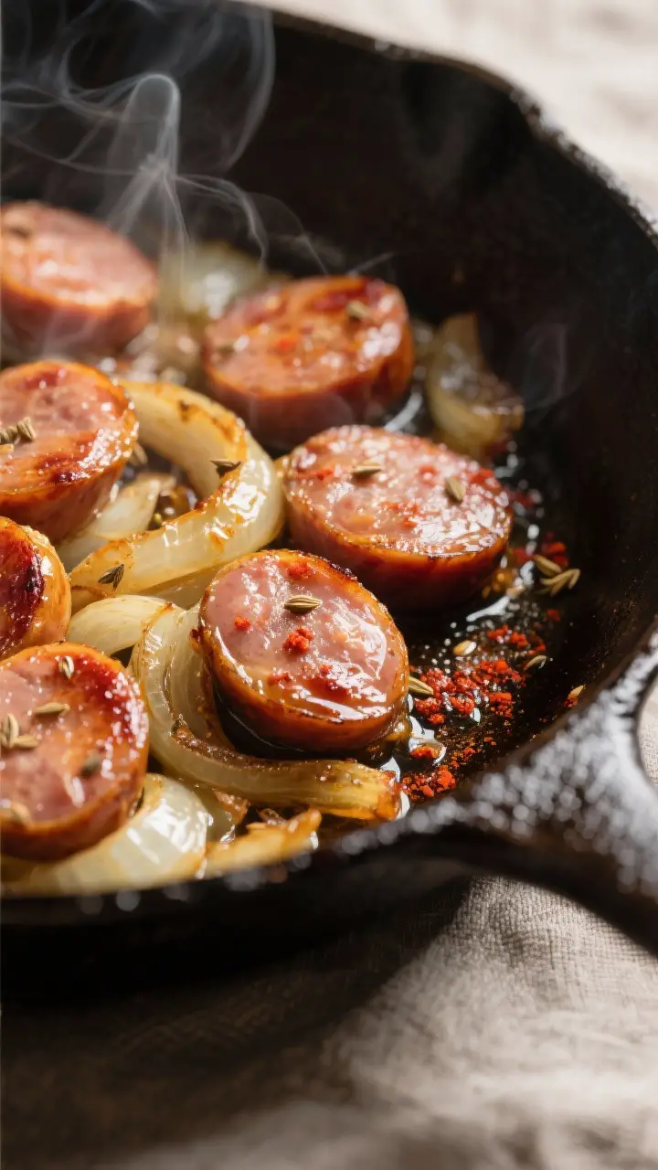Close-up detail: Sliced kielbasa coins sizzling with golden edges in a heavy skillet, glossy onions 