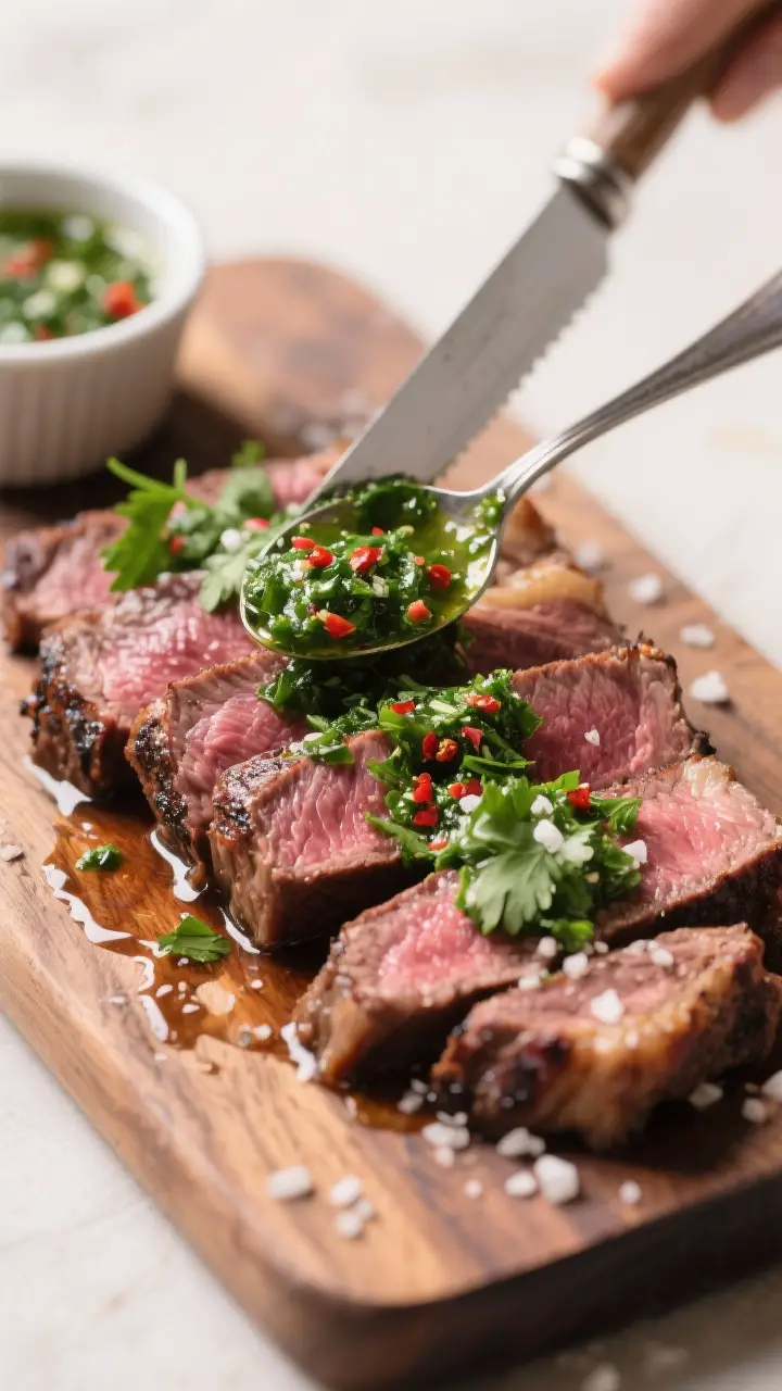 Close-up detail: Sliced medium-rare flank steak resting on a wooden board, glistening pan juices poo