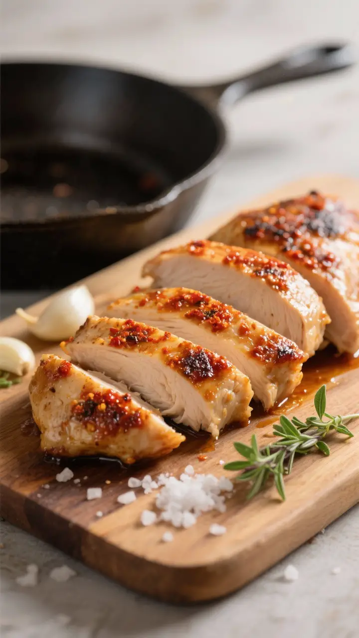 Close-up detail: Sliced paprika-garlic chicken just off the skillet, juicy and glistening with light