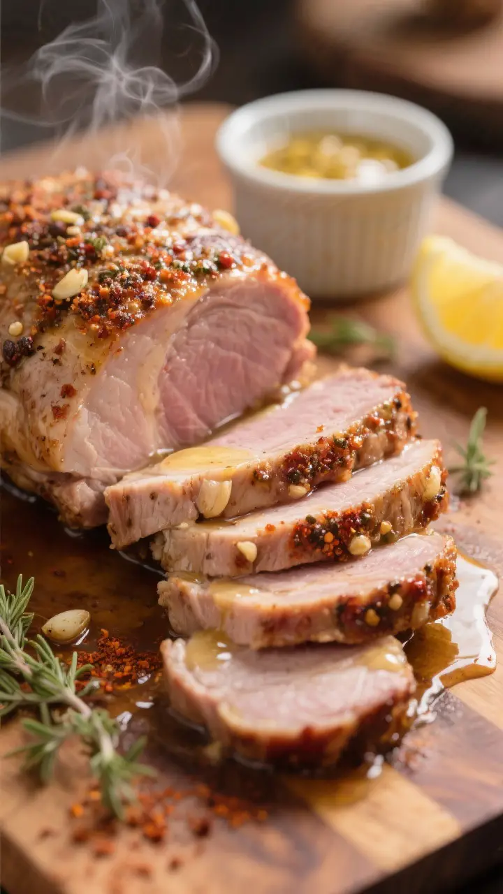 Close-up detail: Sliced pork loin roast with a peppery-garlic crust, glistening with buttery pan sau