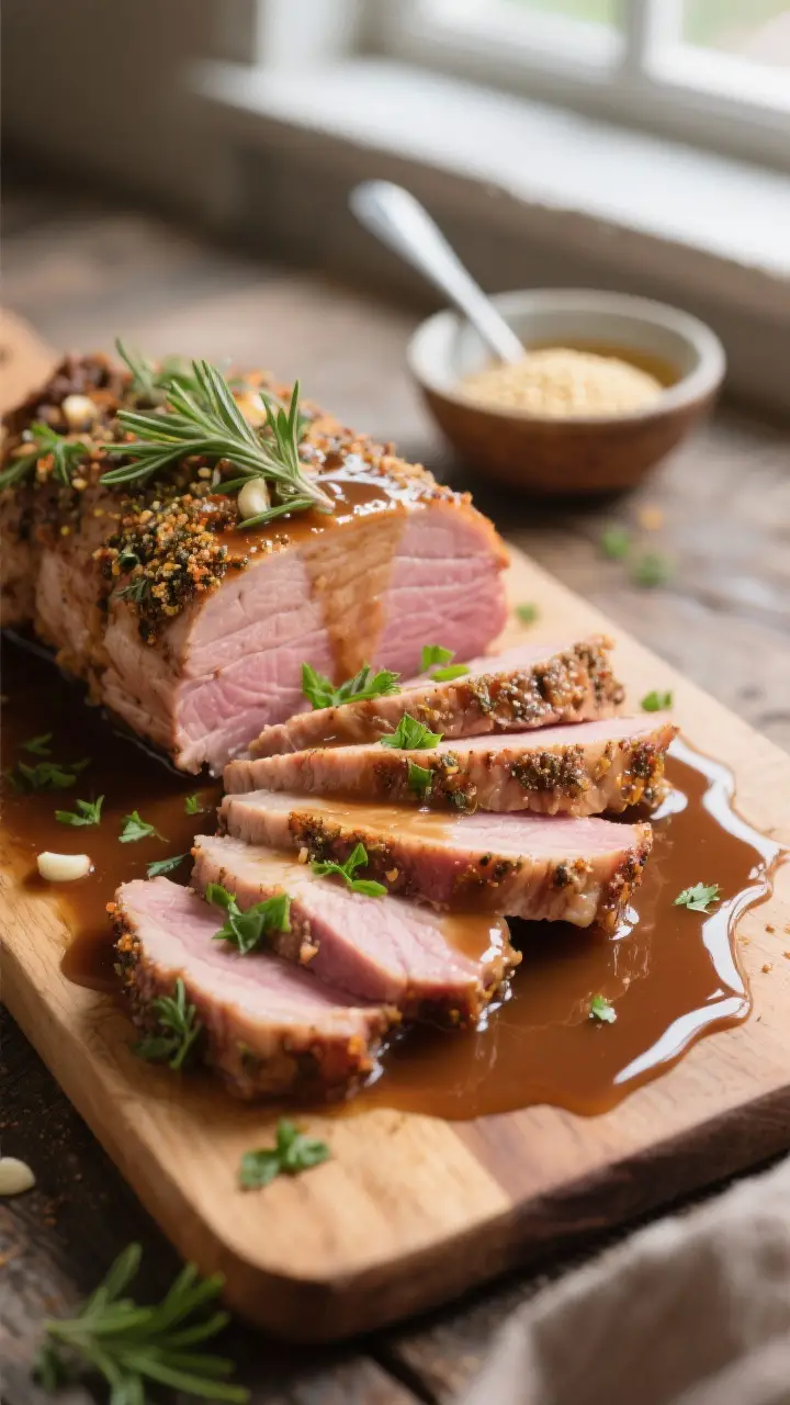 Close-up detail: Sliced slow-cooker pork loin fanned on a cutting board, glistening with silky brown