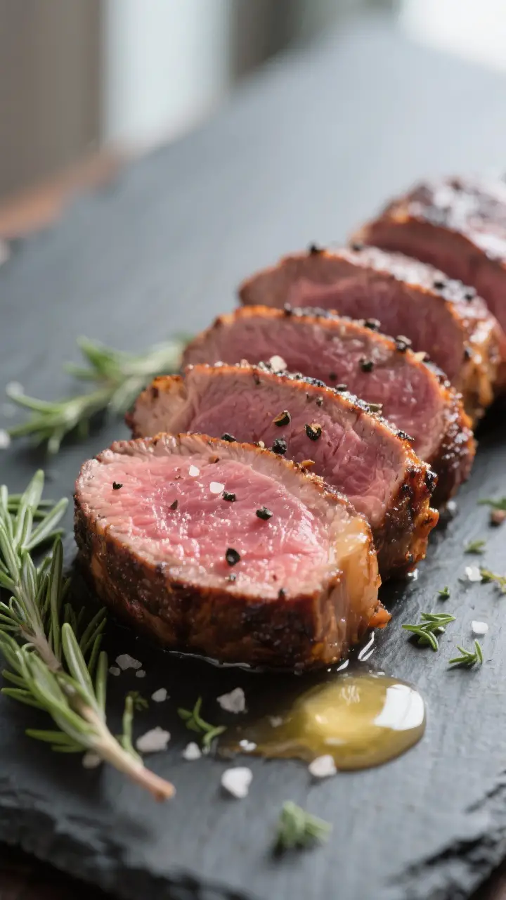 Close-up detail: Sliced smoked beef tenderloin medallions, rosy edge-to-edge medium-rare (warm pink