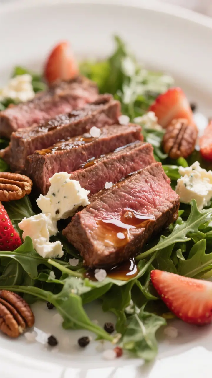 Close-up detail – Sliced steak and melting goat cheese: Thin slices of medium-rare steak (warm, ro