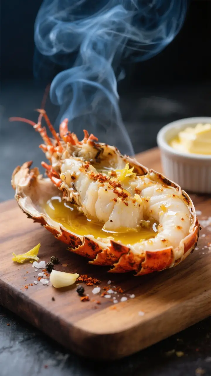 Close-up detail: Smoked lobster tail split and resting on its shell “cradle,” meat fully opaque 