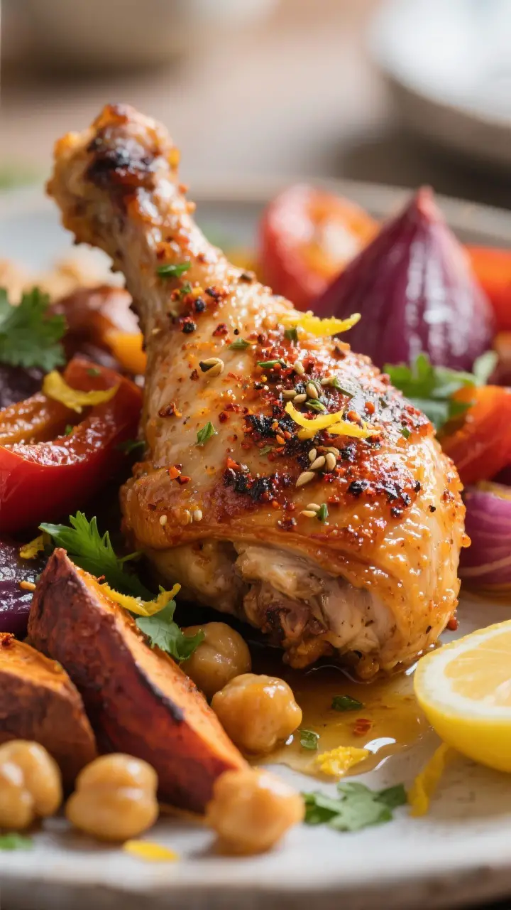Close-up detail — spice-crisped chicken and caramelized veg: Tight macro of a single chicken thigh